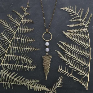 Handcrafted bronze fern leaf necklace accented with a variety of natural earth-toned stone beads.
