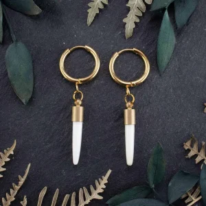 White porcupine quill earrings featuring long, natural white quills suspended from elegant gold-toned hooks.